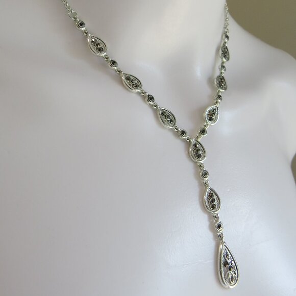 Crown Trifari Y Drop Necklace In Silvertone With Marcasite 16" - Picture 1 of 7